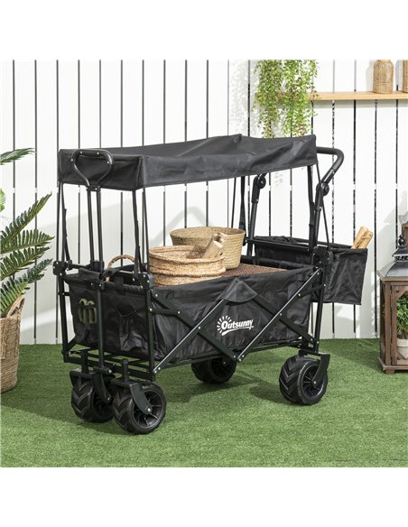 Outsunny Folding Trolley Cart Storage Wagon Beach Trailer 4 Wheels with Handle Overhead Canopy Cart Push Pull for Camping, Black - pic 130837 | FastDaddyshop