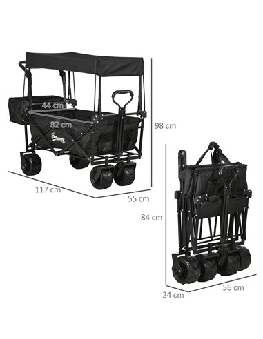 Outsunny Folding Trolley Cart Storage Wagon Beach Trailer 4 Wheels with Handle Overhead Canopy Cart Push Pull for Camping, Black