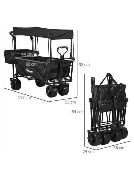 Outsunny Folding Trolley Cart Storage Wagon Beach Trailer 4 Wheels with Handle Overhead Canopy Cart Push Pull for Camping, Black - pic 130838 | FastDaddyshop