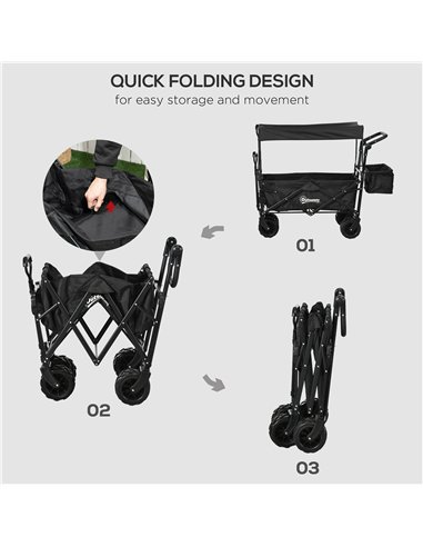 Outsunny Folding Trolley Cart Storage Wagon Beach Trailer 4 Wheels with Handle Overhead Canopy Cart Push Pull for Camping, Black
