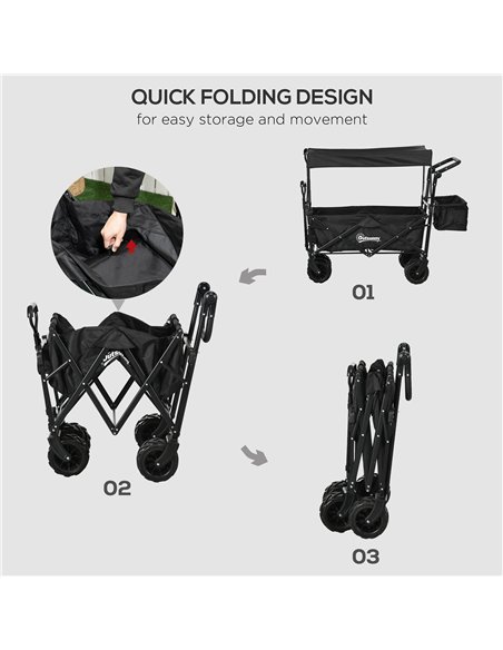 Outsunny Folding Trolley Cart Storage Wagon Beach Trailer 4 Wheels with Handle Overhead Canopy Cart Push Pull for Camping, Black - pic 130839 | FastDaddyshop