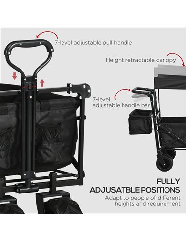 Outsunny Folding Trolley Cart Storage Wagon Beach Trailer 4 Wheels with Handle Overhead Canopy Cart Push Pull for Camping, Black