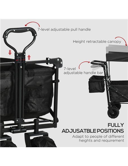 Outsunny Folding Trolley Cart Storage Wagon Beach Trailer 4 Wheels with Handle Overhead Canopy Cart Push Pull for Camping, Black - pic 130840 | FastDaddyshop