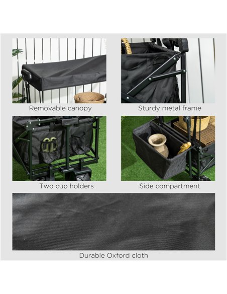 Outsunny Folding Trolley Cart Storage Wagon Beach Trailer 4 Wheels with Handle Overhead Canopy Cart Push Pull for Camping, Black - pic 130842 | FastDaddyshop