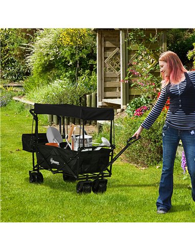 Outsunny Folding Trolley Cart Storage Wagon Beach Trailer 4 Wheels with Handle Overhead Canopy Cart Push Pull for Camping, Black