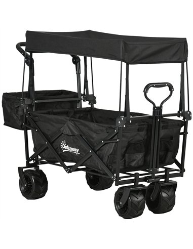 Outsunny Folding Trolley Cart Storage Wagon Beach Trailer 4 Wheels with Handle Overhead Canopy Cart Push Pull for Camping, Black