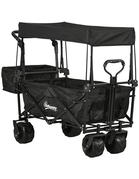 Outsunny Folding Trolley Cart Storage Wagon Beach Trailer 4 Wheels with Handle Overhead Canopy Cart Push Pull for Camping, Black - pic 130844 | FastDaddyshop