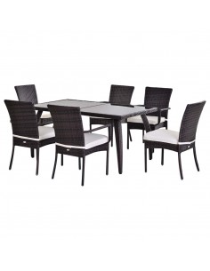 Outsunny 7 Pieces Rattan Garden Dining Set with Glass Top and Cushions, Brown