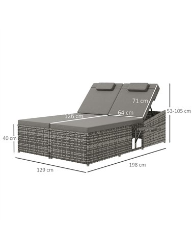 Outsunny 2 Seater Rattan Day Bed w/ Fire Retardant Cushions Grey