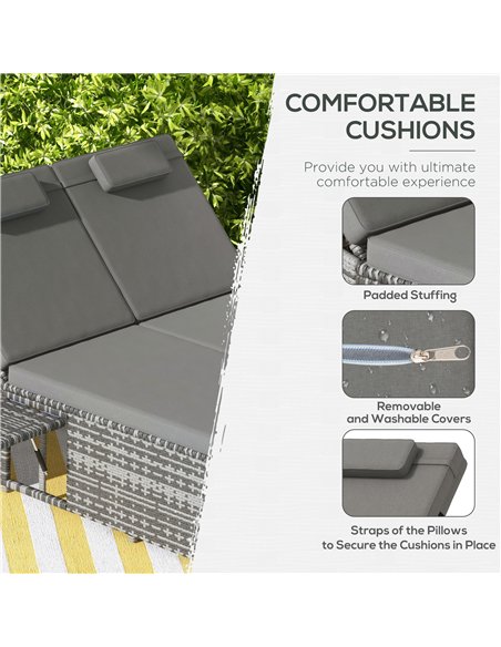 Outsunny 2 Seater Rattan Day Bed w/ Fire Retardant Cushions Grey - pic 130895 | FastDaddyshop