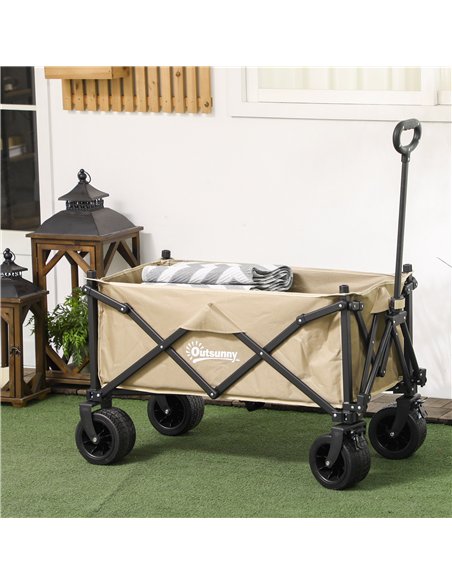 Outsunny Folding Garden Trolley, Outdoor Wagon Cart with Carry Bag, for Beach, Camping, Festival, 120KG Capacity, Khaki - pic 130909 | FastDaddyshop