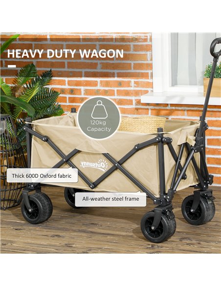 Outsunny Folding Garden Trolley, Outdoor Wagon Cart with Carry Bag, for Beach, Camping, Festival, 120KG Capacity, Khaki - pic 130913 | FastDaddyshop