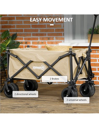 Outsunny Folding Garden Trolley, Outdoor Wagon Cart with Carry Bag, for Beach, Camping, Festival, 120KG Capacity, Khaki