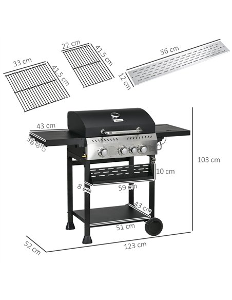 Outsunny Four-Burner Steel Gas Grill, with Thermometer - Black - pic 130937 | FastDaddyshop