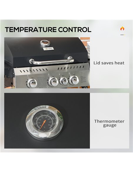 Outsunny Four-Burner Steel Gas Grill, with Thermometer - Black - pic 130939 | FastDaddyshop