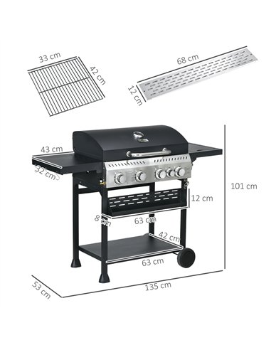 Outsunny Five-Burner Steel Gas Grill, with Thermometer - Black