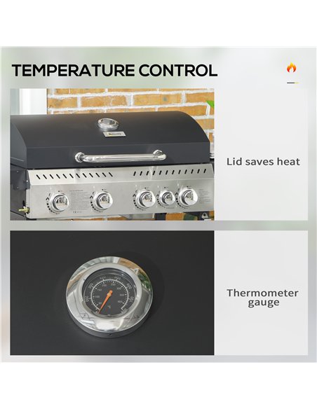 Outsunny Five-Burner Steel Gas Grill, with Thermometer - Black - pic 130948 | FastDaddyshop