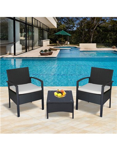 Outsunny Rattan Garden Furniture 2-Seater Sofa Chair Table Bistro Set Wicker Weave Outdoor Patio Conservatory Set Steel-Black