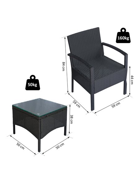 Outsunny Rattan Garden Furniture 2-Seater Sofa Chair Table Bistro Set Wicker Weave Outdoor Patio Conservatory Set Steel-Black - pic 13099 | FastDaddyshop