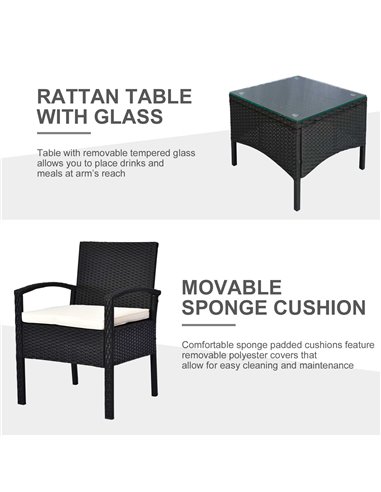 Outsunny Rattan Garden Furniture 2-Seater Sofa Chair Table Bistro Set Wicker Weave Outdoor Patio Conservatory Set Steel-Black