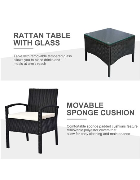 Outsunny Rattan Garden Furniture 2-Seater Sofa Chair Table Bistro Set Wicker Weave Outdoor Patio Conservatory Set Steel-Black - pic 13100 | FastDaddyshop
