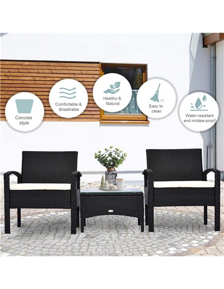 Outsunny Rattan Garden Furniture 2-Seater Sofa Chair Table Bistro Set Wicker Weave Outdoor Patio Conservatory Set Steel-Black - pic 13101 | FastDaddyshop
