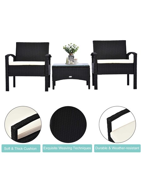 Outsunny Rattan Garden Furniture 2-Seater Sofa Chair Table Bistro Set Wicker Weave Outdoor Patio Conservatory Set Steel-Black - pic 13102 | FastDaddyshop