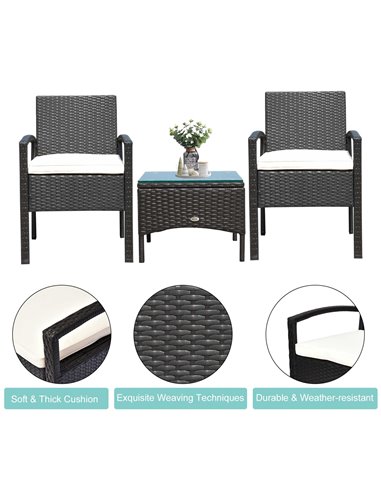 Outsunny Rattan Garden Furniture 2-Seater Sofa Chair Table Bistro Set Wicker Weave Outdoor Patio Conservatory Set Steel-Brown