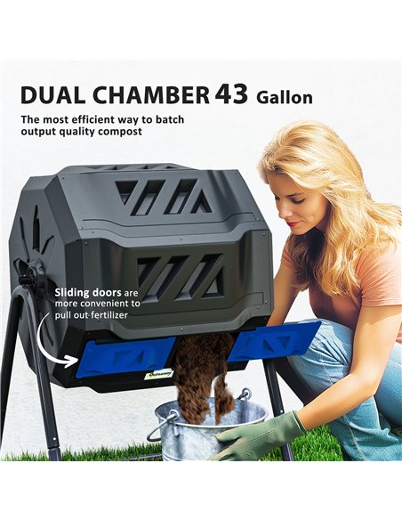 Outsunny 160L 360° Rotating Dual Chamber Composter - Blue - pic 131127 | FastDaddyshop