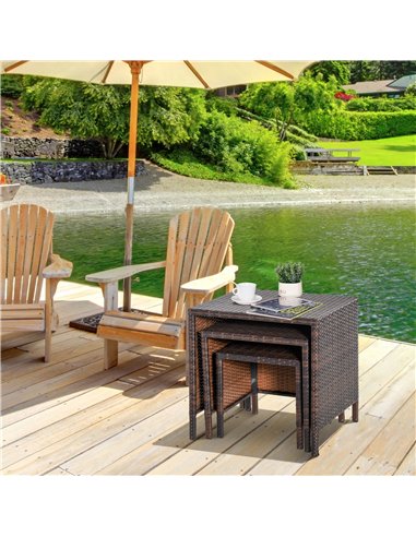 Outsunny Rattan Tea Table Set Garden Furniture 3 PCs Nest of Tables Patio Outdoor End Side Table Wicker Conservatory