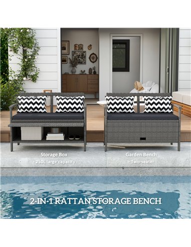 Outsunny 160L Storage Two-Seater Rattan Bench - Grey