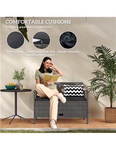 Outsunny 160L Storage Two-Seater Rattan Bench - Grey