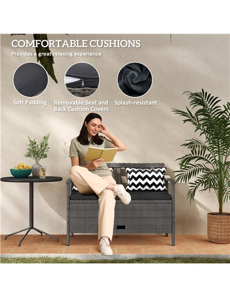 Outsunny 160L Storage Two-Seater Rattan Bench - Grey - pic 131300 | FastDaddyshop
