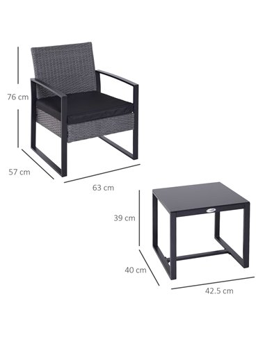 Outsunny PE Rattan Garden Furniture 2 Seater Patio Bistro Set Weave Conservatory Sofa Coffee Table and Chairs Set Grey