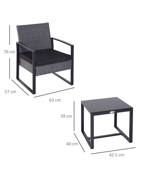 Outsunny PE Rattan Garden Furniture 2 Seater Patio Bistro Set Weave Conservatory Sofa Coffee Table and Chairs Set Grey - pic 13131 | FastDaddyshop