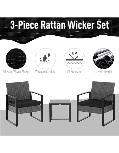 Outsunny PE Rattan Garden Furniture 2 Seater Patio Bistro Set Weave Conservatory Sofa Coffee Table and Chairs Set Grey - pic 13132 | FastDaddyshop