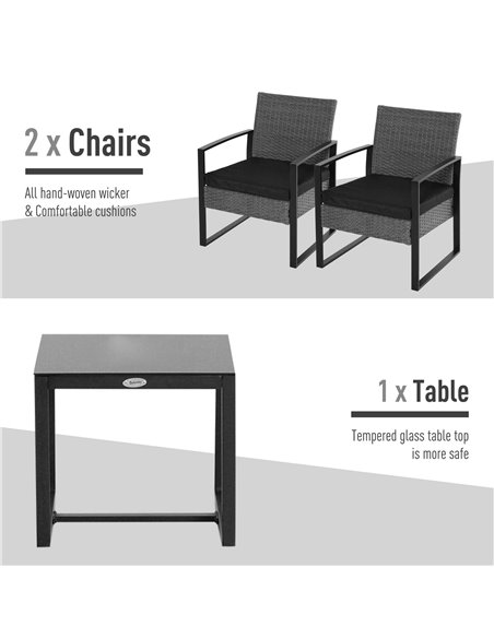 Outsunny PE Rattan Garden Furniture 2 Seater Patio Bistro Set Weave Conservatory Sofa Coffee Table and Chairs Set Grey - pic 13133 | FastDaddyshop