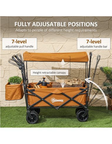 Outsunny Folding Trolley Cart Storage Wagon Beach Trailer 4 Wheels with Handle Overhead Canopy Cart Push Pull For Shopping Campi