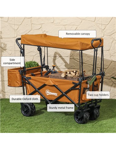 Outsunny Folding Trolley Cart Storage Wagon Beach Trailer 4 Wheels with Handle Overhead Canopy Cart Push Pull For Shopping Campi