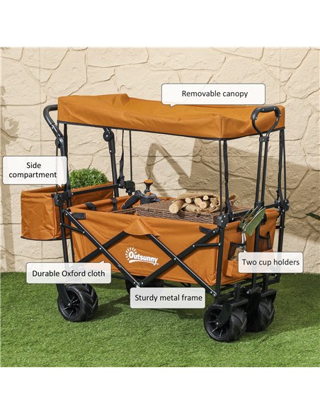 Outsunny Folding Trolley Cart Storage Wagon Beach Trailer 4 Wheels with Handle Overhead Canopy Cart Push Pull For Shopping Campi - pic 131337 | FastDaddyshop