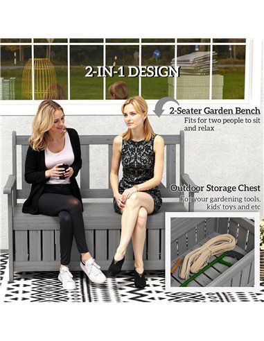 Outsunny 2-Seater Garden Storage Bench for Patio Wood Porch Decor Outdoor Seating, Charcoal Grey
