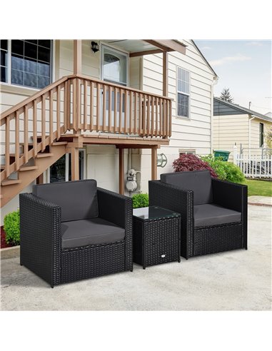 Outsunny 3 pcs PE Rattan Garden Furniture Patio Bistro Set Weave Conservatory Sofa Table and Chairs Set Black