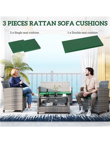 Outsunny Outdoor Seat Cushion Pads for Rattan Furniture, 3 PCs Garden Furniture Cushions, Green