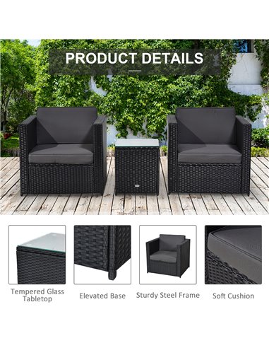 Outsunny 3 pcs PE Rattan Garden Furniture Patio Bistro Set Weave Conservatory Sofa Table and Chairs Set Black