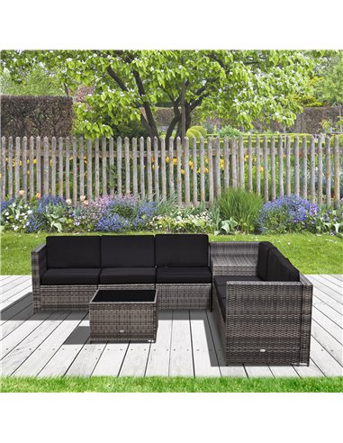 Outsunny 6 Seater Rattan Garden Furniture Patio Rattan Sofa and Table Set with Cushions 8 pcs Corner Wicker Seat Grey