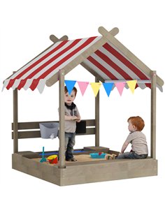 Outsunny House-Designed Wooden Sandbox, Outdoor Sandpit, with Blackboard, Toys, Sink, Seats, Flags, for Ages 3-7 Years - Grey