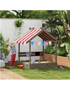 Outsunny House-Designed Wooden Sandbox, Outdoor Sandpit, with Blackboard, Toys, Sink, Seats, Flags, for Ages 3-7 Years - Grey 2