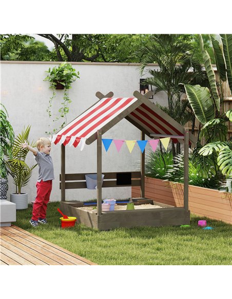 Outsunny House-Designed Wooden Sandbox, Outdoor Sandpit, with Blackboard, Toys, Sink, Seats, Flags, for Ages 3-7 Years - Grey - pic 131476 | FastDaddyshop