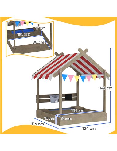 Outsunny House-Designed Wooden Sandbox, Outdoor Sandpit, with Blackboard, Toys, Sink, Seats, Flags, for Ages 3-7 Years - Grey