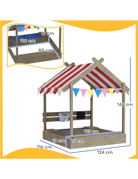 Outsunny House-Designed Wooden Sandbox, Outdoor Sandpit, with Blackboard, Toys, Sink, Seats, Flags, for Ages 3-7 Years - Grey - pic 131477 | FastDaddyshop